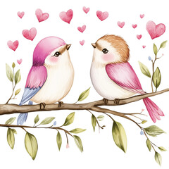 A pair of love birds sitting on a branch with tiny hearts floating around