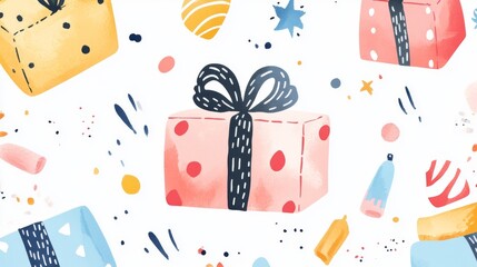Fototapeta premium Cartoon gift box pattern on white background. Gifts illustration for holiday celebration and special sales offer. Vector backdrop.