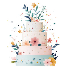 A three-tier wedding cake with soft pastel frosting with delicate floral decorations