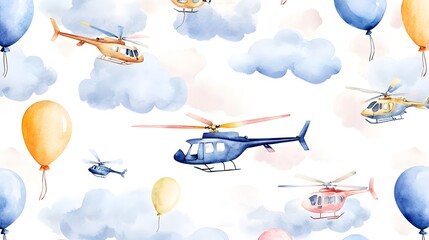 Watercolor pattern showcases helicopters and balloons floating in the sky