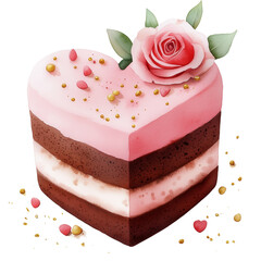 A heart-shaped chocolate cake with pink frosting in watercolor