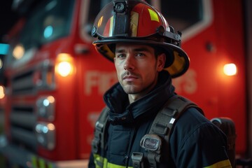 40 years old Canadian male firefighter looking at camera against blurred firestation background.