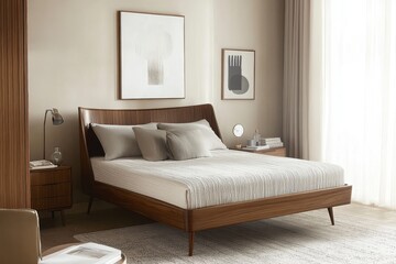 Mid-Century Modern Solid Wood Bed Frame with Headboard and Footboard in Natural Light Setting. Neutral Tone Side Tables and Cabinets Complement Wall Art.