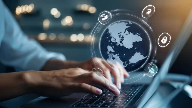 Hands typing on a laptop with digital security icons around globe.
