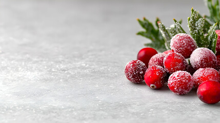 Sugared cranberries & holly on grey background, festive holiday food photography, website banner