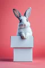 Obraz premium Adorable White Rabbit Peeking from a Box on Pink Background