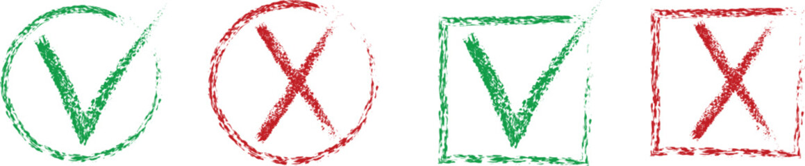 Check mark cross sign in grunge style. Yes and no symbol. Dirty hand drawn brush stroke.