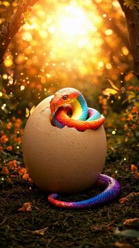 Colorful snake emerging from a cracked snake egg in a vibrant forest with sunlight filtering through trees
