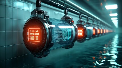 Fototapeta premium A futuristic scene featuring glowing, cylindrical devices along a water-filled corridor, suggesting advanced technology in a subterranean environment.