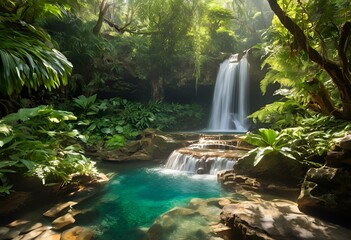 Waterfall in Lush Forest with Crystal-Clear Water
