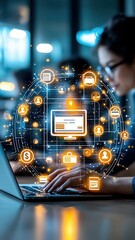 Digital banking account accessibility Woman using laptop with digital icons.