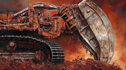 Rusty Excavator Digging Red Earth Landscape