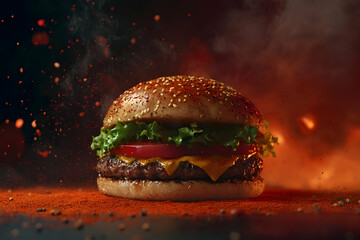 Juicy cheeseburger with sesame bun, lettuce, tomato, and beef patty set against fiery sparks and spices, dramatic fast food concept on dark.