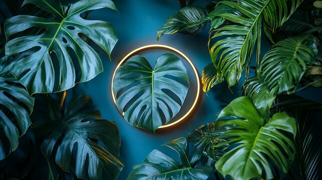 Monstera Leaf with Neon Circle on Dark Blue Wall Backdrop - Powered by Adobe