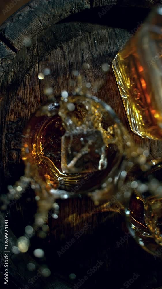 Poster Super Slow Motion of Ice Cube Falling into Glass of Whiskey with Camera Motion. Overhead View. Filmed on High Speed Cinema Camera, 1000 fps. Vertical Aspect Ratio.