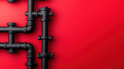 A vibrant and clean industrial pipe system with sharp details on a bright red background