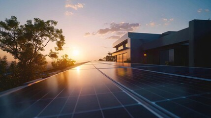 Obraz premium Solar energy panels on a rooftop. Featuring photovoltaic systems. Highlighting renewable energy solutions. Ideal for environmental presentations.