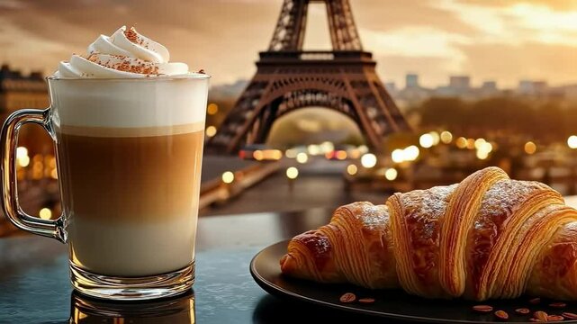 coffee croissant on paris background. Selective focus