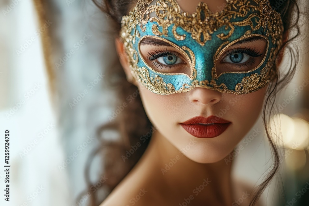 Aufkleber woman with exquisite turquoise mask and elegant makeup poses in a soft-lit setting during a masquera