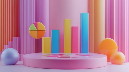 Colorful 3D Charts in Modern Office Setting, 3D colorful bar graph and pie chart