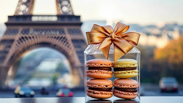 macaroons on the background of the Eiffel Tower. Selective focus