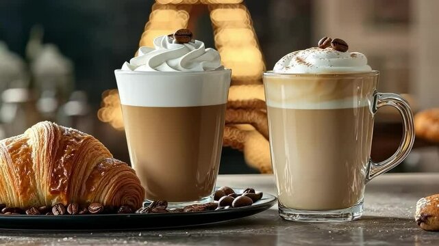 coffee croissant on paris background. Selective focus