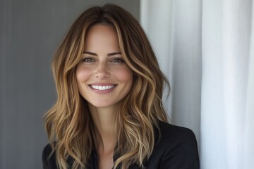 Fototapeta premium Smiling woman with long wavy hair poses against a background of light fabric in a modern indoor setting