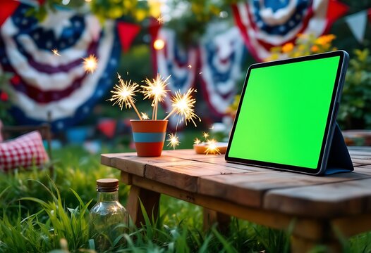 Celebrating Fourth of July with Sparklers and Tablet in the Garden