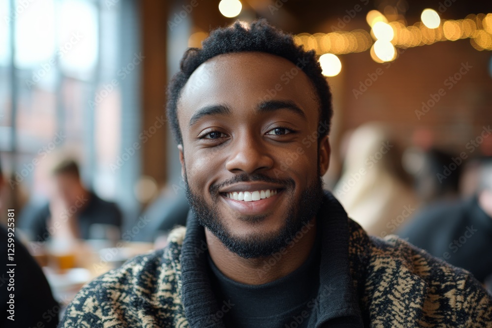 Wall mural Smiling man in cozy cafe during afternoon gathering with friends and warm lighting