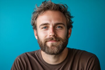Obraz premium Cheerful young man with beard and bright blue eyes against a vivid blue background enjoys a moment of relaxation and happiness