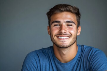Obraz premium Smiling young man poses for a casual portrait against a neutral background showcasing joy and positivity