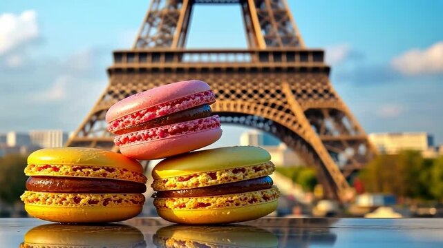 macaroons on the background of the Eiffel Tower. Selective focus