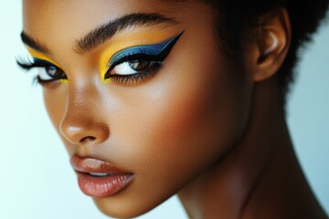 Naklejka premium Stunning makeup application showcasing bold colors and intricate eyeliner techniques on a model during a professional shoot