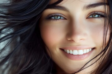 Fototapeta premium Smiling woman with flowing hair against a light background, showcasing natural beauty and joy