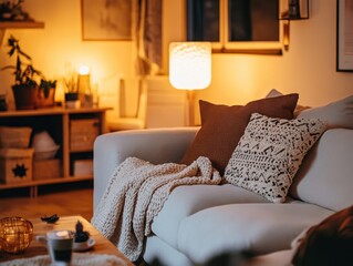 A living room bathed in soft lighting, featuring plush sofas, decorative pillows, and a cozy blanket