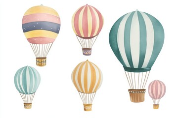 Fototapeta premium Colorful hot air balloons isolated on a white background, with colorful stripes.