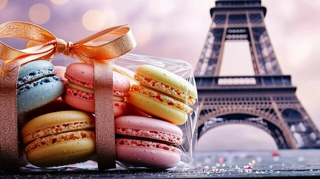 macaroons on the background of the Eiffel Tower. Selective focus
