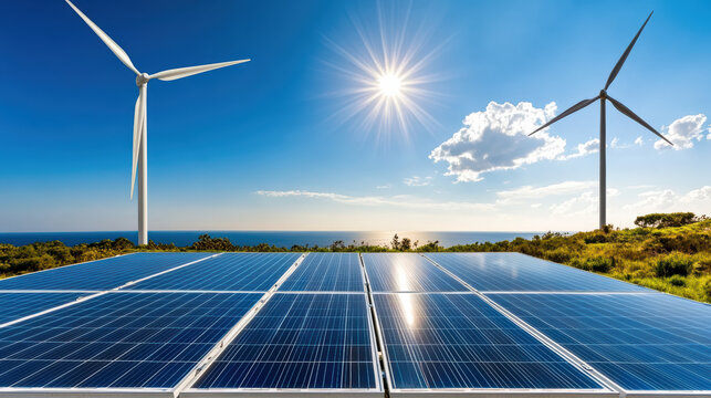 Renewable energy landscape with solar panels and wind turbines under sunlight