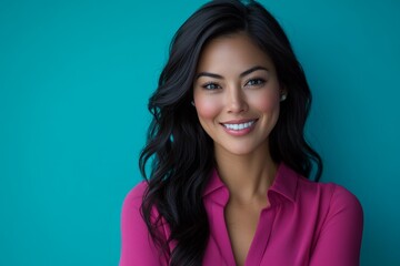 Fototapeta premium Smiling woman in pink blouse poses against vibrant turquoise background in a bright setting