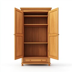 Tall wooden wardrobe with slightly open doors isolated on white