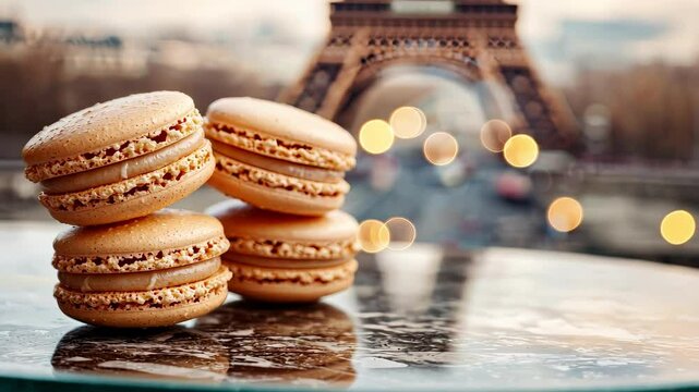 macaroons on the background of the Eiffel Tower. Selective focus