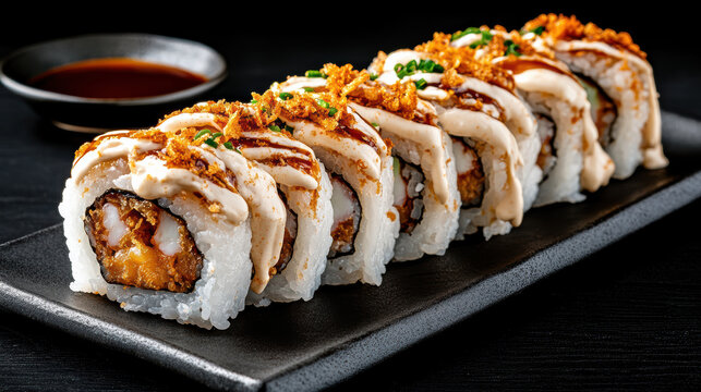 Crispy tempura sushi roll topped with creamy sauce and garnished