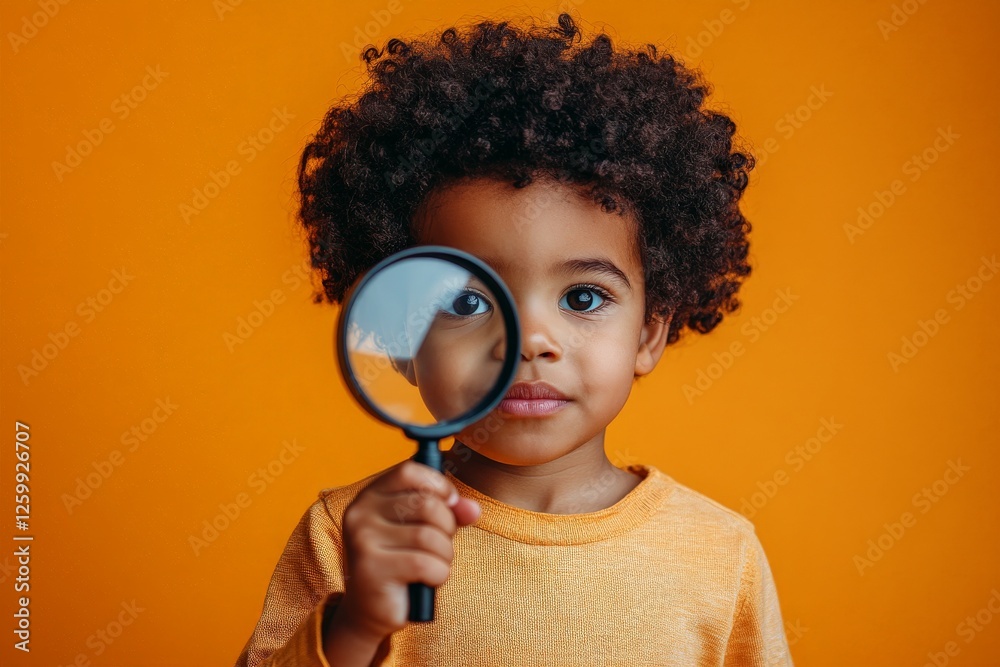 Poster child holding magnifying glass against orange background while exploring curiosities with curiosity 