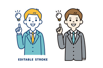 人差し指で閃くポーズをする、若いビジネスマンのベクターイラスト素材＿線幅の編集可能