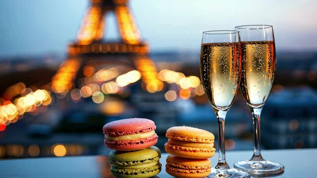 macaroons on the background of the Eiffel Tower. Selective focus