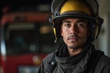Fototapeta premium 40 years old Honduran male firefighter looking at camera against blurred firestation background.