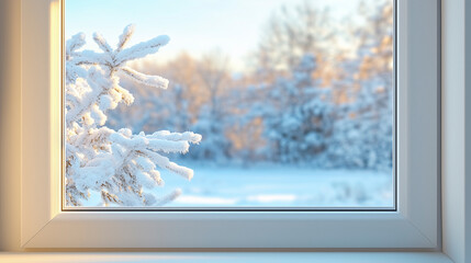 Close-up of a neutral picture frame with a peaceful winter landscape.