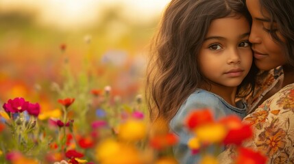Naklejka premium Loving Mother Embracing Daughter in a Blooming Flower Field
