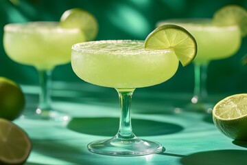 Refreshing lime margaritas served in elegant glasses at a vibrant tropical gathering with lively ambiance