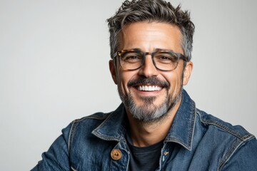 Fototapeta premium Smiling middle-aged man wearing glasses and denim jacket shows confidence in a neutral setting